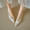 French Pearl Flower Satin Chunky Heel Bridal and Bridesmaid Shoes