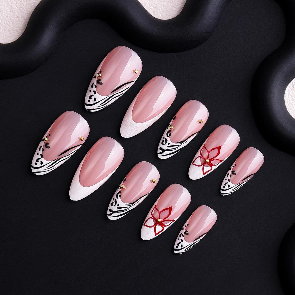 INS Style Red Flower Cow Print Almond French Manicure Wearable Nails