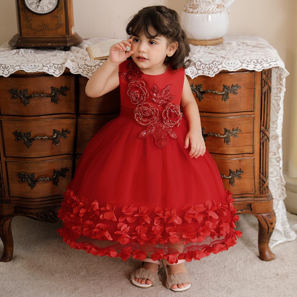 

Новое вечернее платье принцессы для девочек с вышивкой и пайетками, многослойной пышной юбкой из тюля 70 cm красный