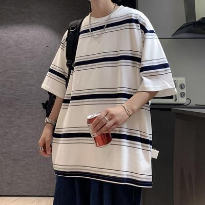 Casual Short Sleeve Pullovers Summer Young Style Contrasting Colors Men's Clothing Striped Basic Round Neck Chic Loose T-shirts