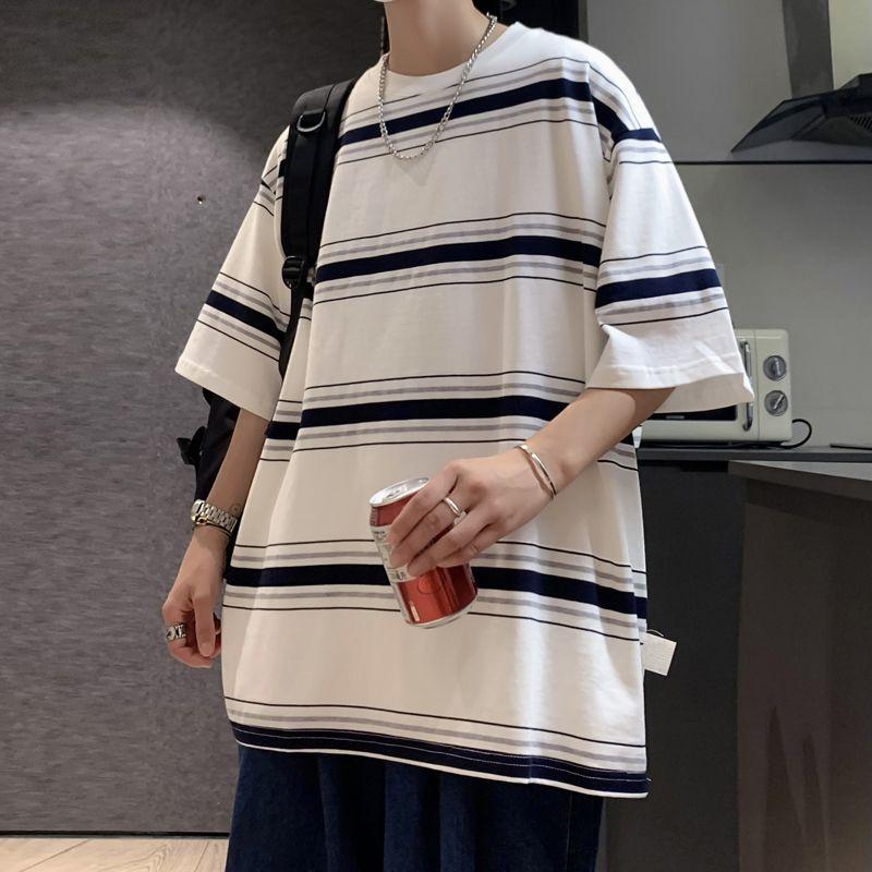 

Casual Short Sleeve Pullovers Summer Young Style Contrasting Colors Men s Clothing Striped Basic Round Neck Chic Loose T-shirts L