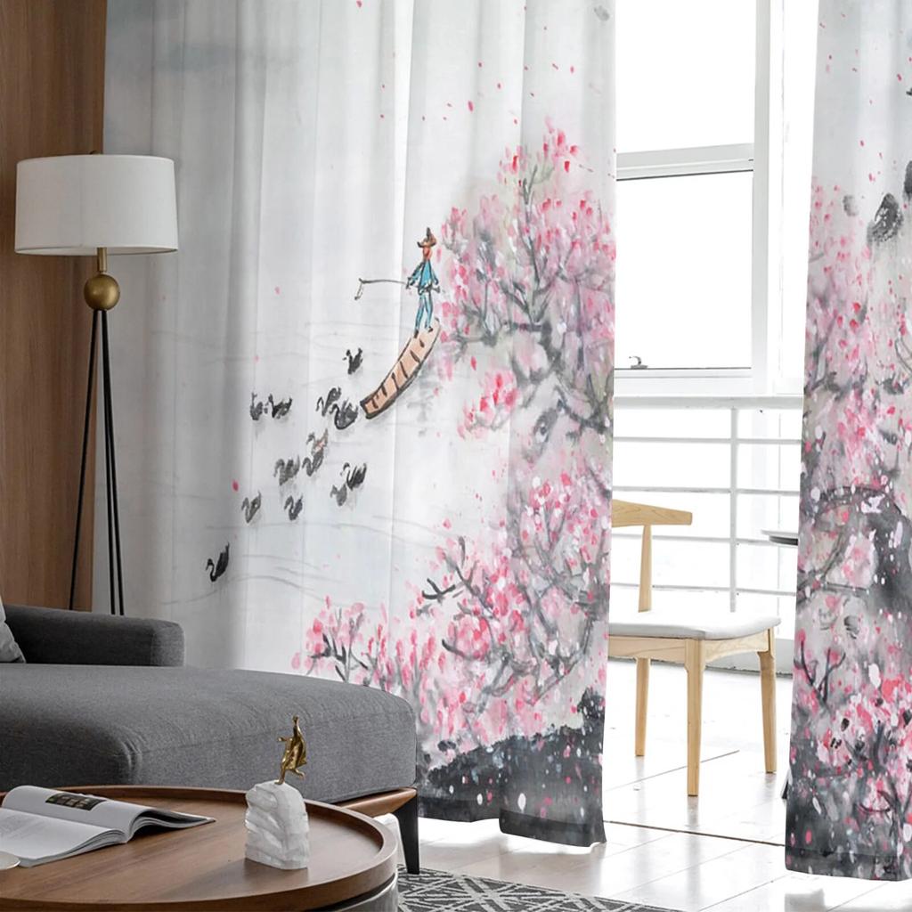 Plum Chinese Style Ink Modern Printed Tulle Curtains for Bedroom Balcony Window Decor Creative Fashion Home Sheer Curtain
