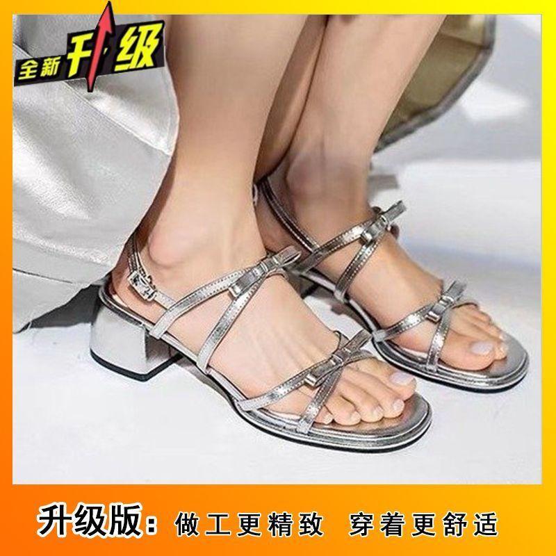Fashion with skirt bow sandals women's shoes summer 2025 new French open-toed square head thick heel sandals women