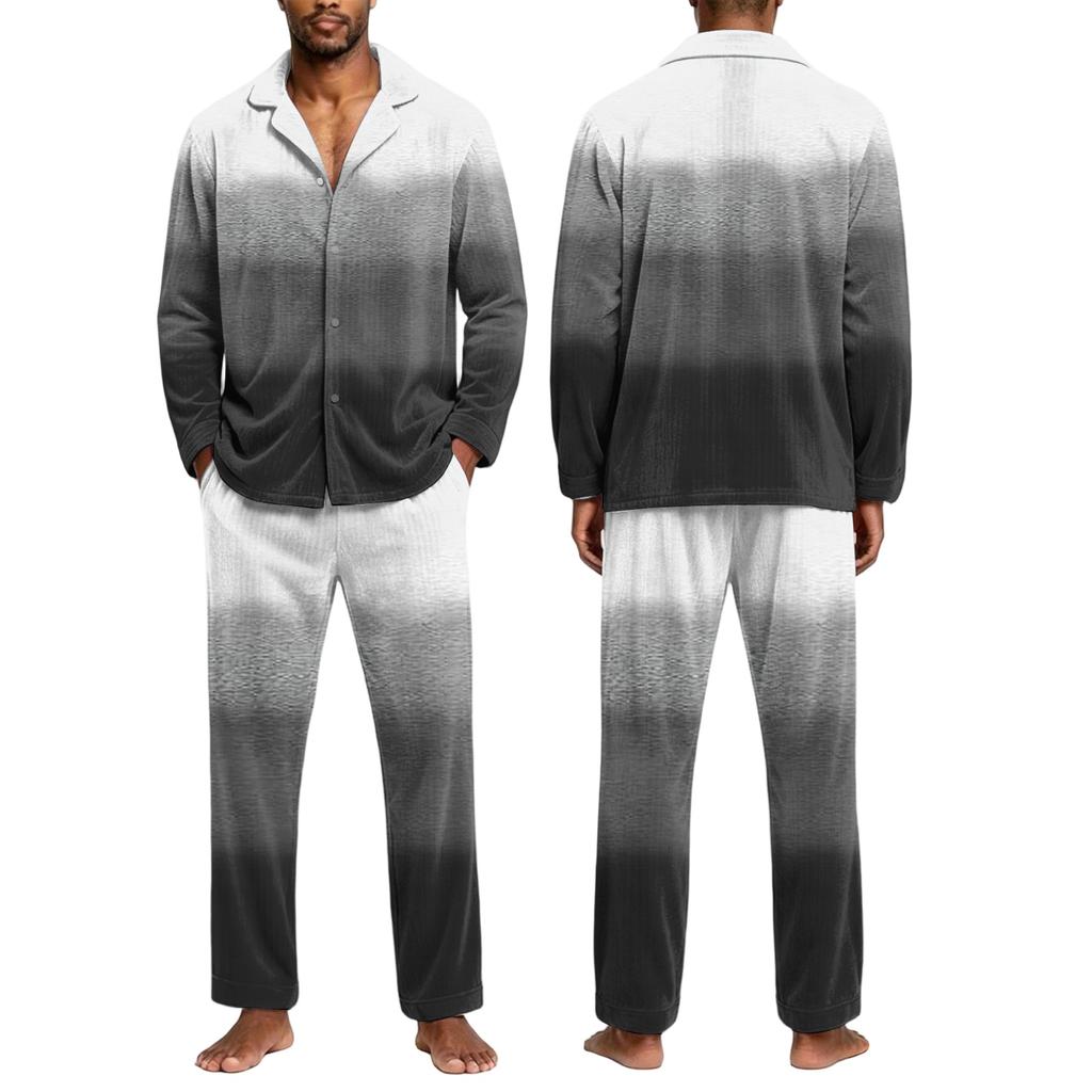 Men's Casual Pajama Set with Loose Fit Corduroy Pants and Printed Long Sleeve Lapel Collar Button-Front Top