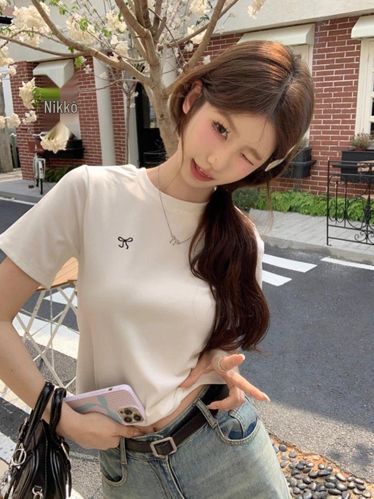 Women's 2025 Korean Style Bowknot Embroidered Slim Fit T-Shirt, Short Sleeve, Round Neck