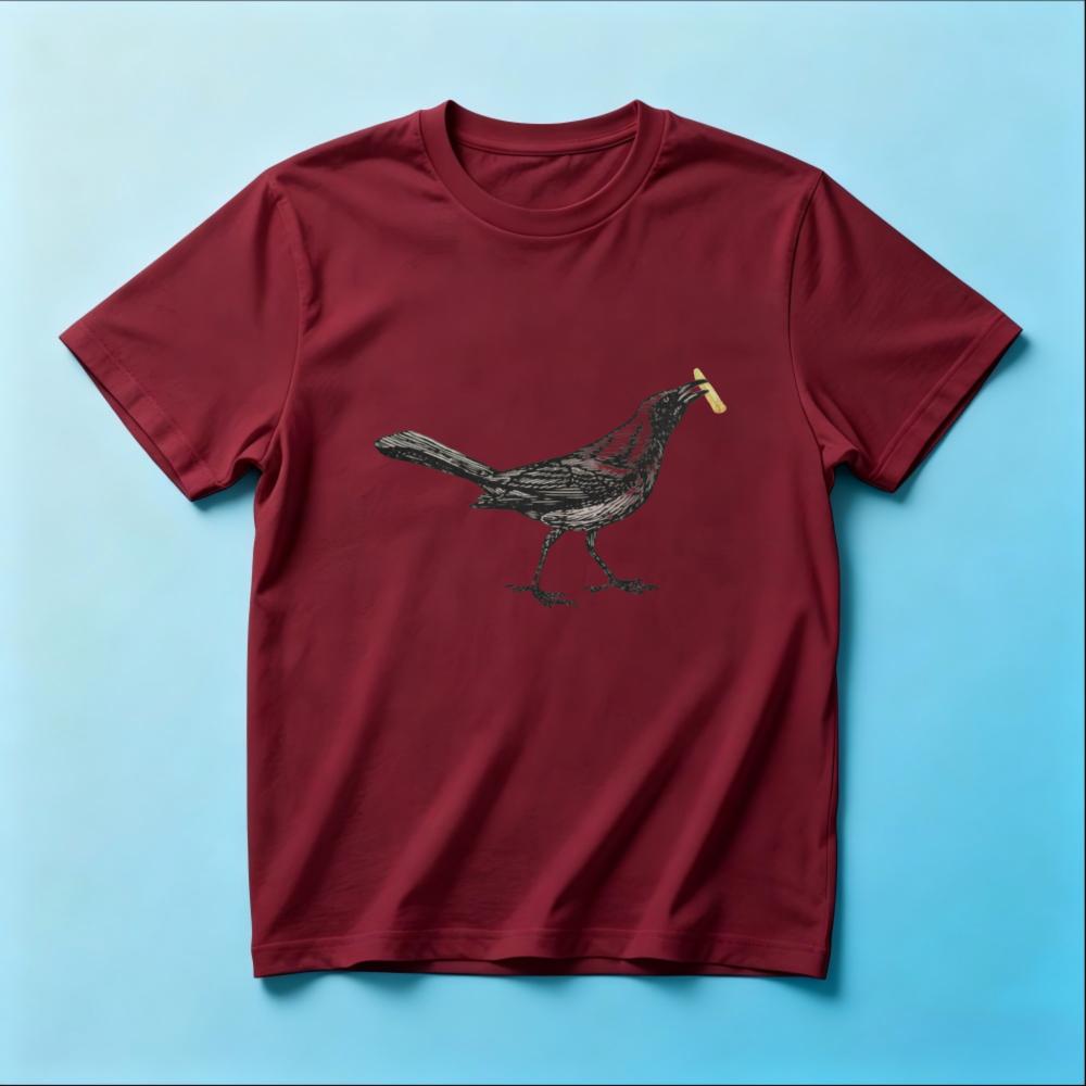 Funny Crow With French Fry Graphic Tshirt Unisexs Casual White Vintage Sketch Bird Print Short Sleeve Cotton Tee Quirky Streetwear