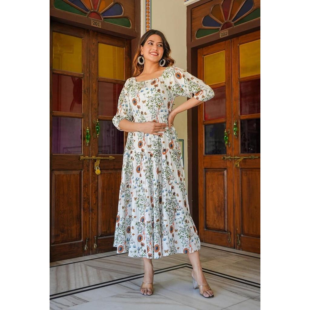 Women's Rayon Floral Printed Tiered Style Maxi Dress Top Tunic Party Wear Kurta VF-504