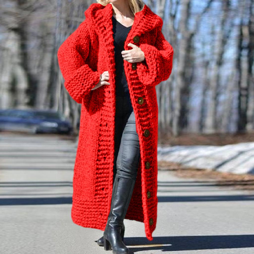 Cardigan con cappuccio da donna a tinta unita, vestibilità larga, lunghezza lunga, con bottoni a monopetto