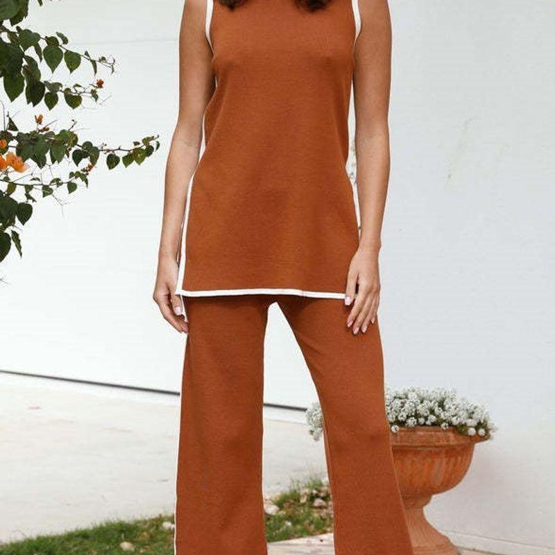 

Fashion Special Women s Clothing Temperament Pure Color New Sleeveless Vest Knitting Tops Baggy Straight Trousers Casual Suit Caramel color L
