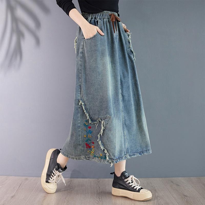 Denim Plus Size High Waist Vintage Embroidery Spring Autumn Casual Loose Long for Woman Skirts Womens Skirt