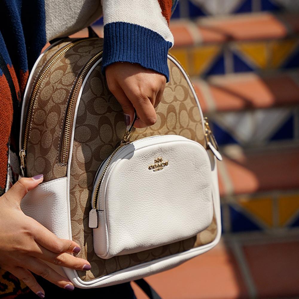 COACH Court Canvas With Leather Backpack Medium Womens White Brown