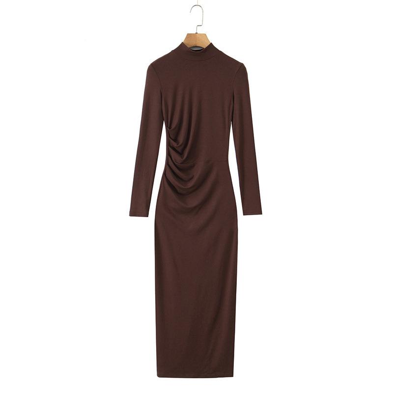Elegant Women's High-Neck Pleated Long-Sleeve Dress: Autumn/Winter Inner Layer, Retro Yujie Style, Waist-Cinched, Hip-Hugging Long Skirt.