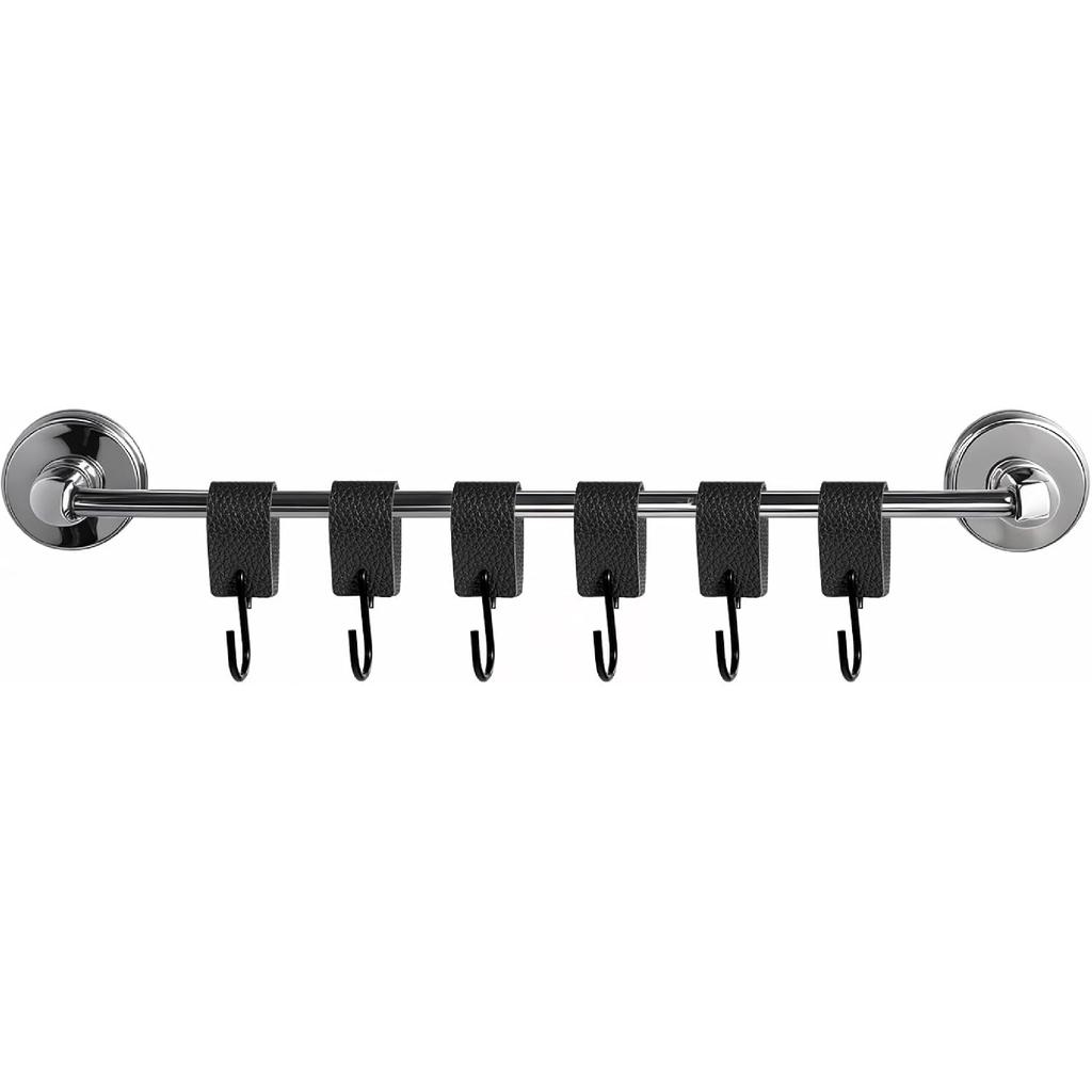 Leather S Metal Hooks,3 Pcs Multifunctional S-Hooks with PU Leather Coat S Hooks for Hanging Clothes Outdoor Camping Hanging Kitchen(Black)