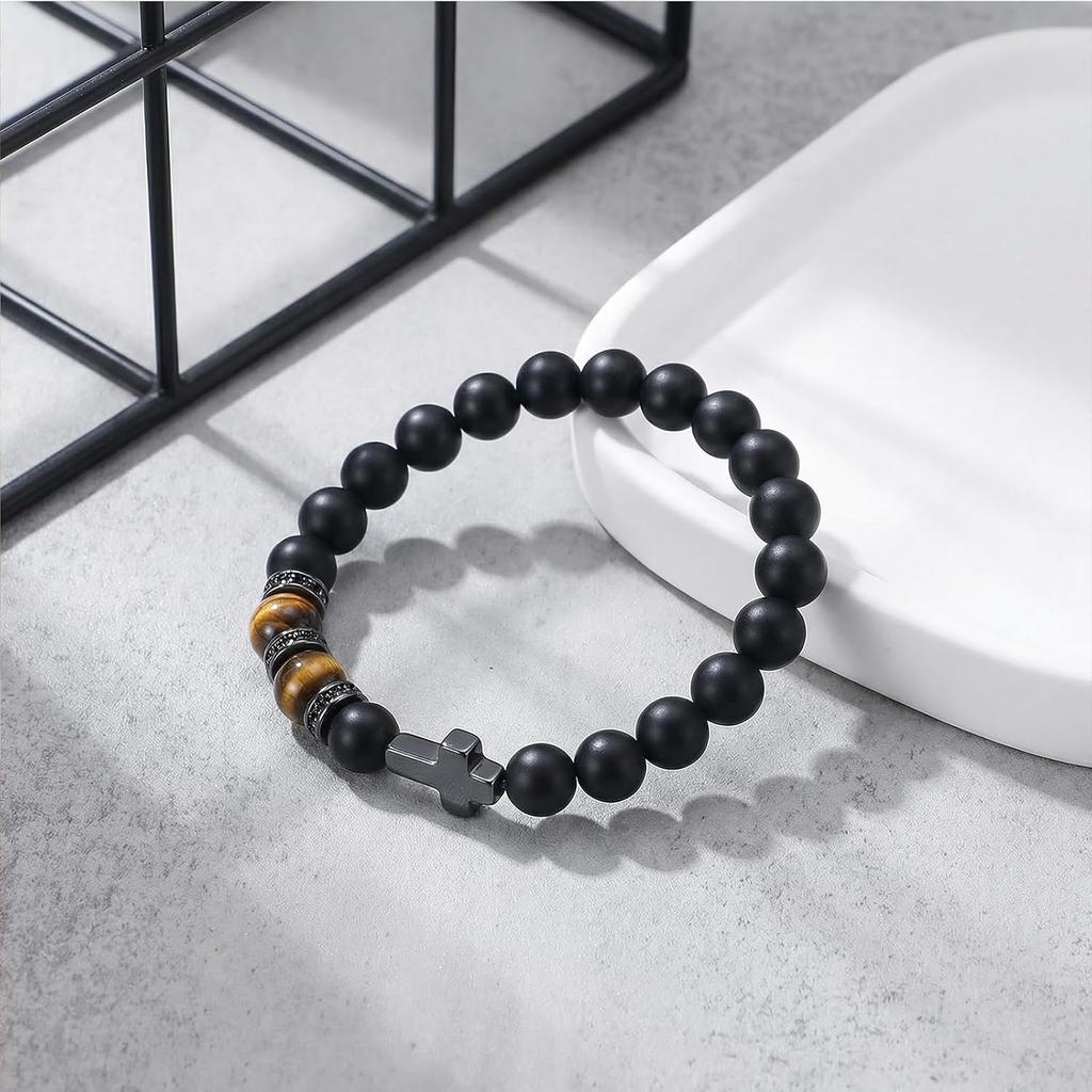 Kreuz Armband für Männer Sohn Bruder Taufe Kommunion Geburtstag Jahrestag Weihnachten Christlich Schwarze Tigerauge Perlen Schmuck