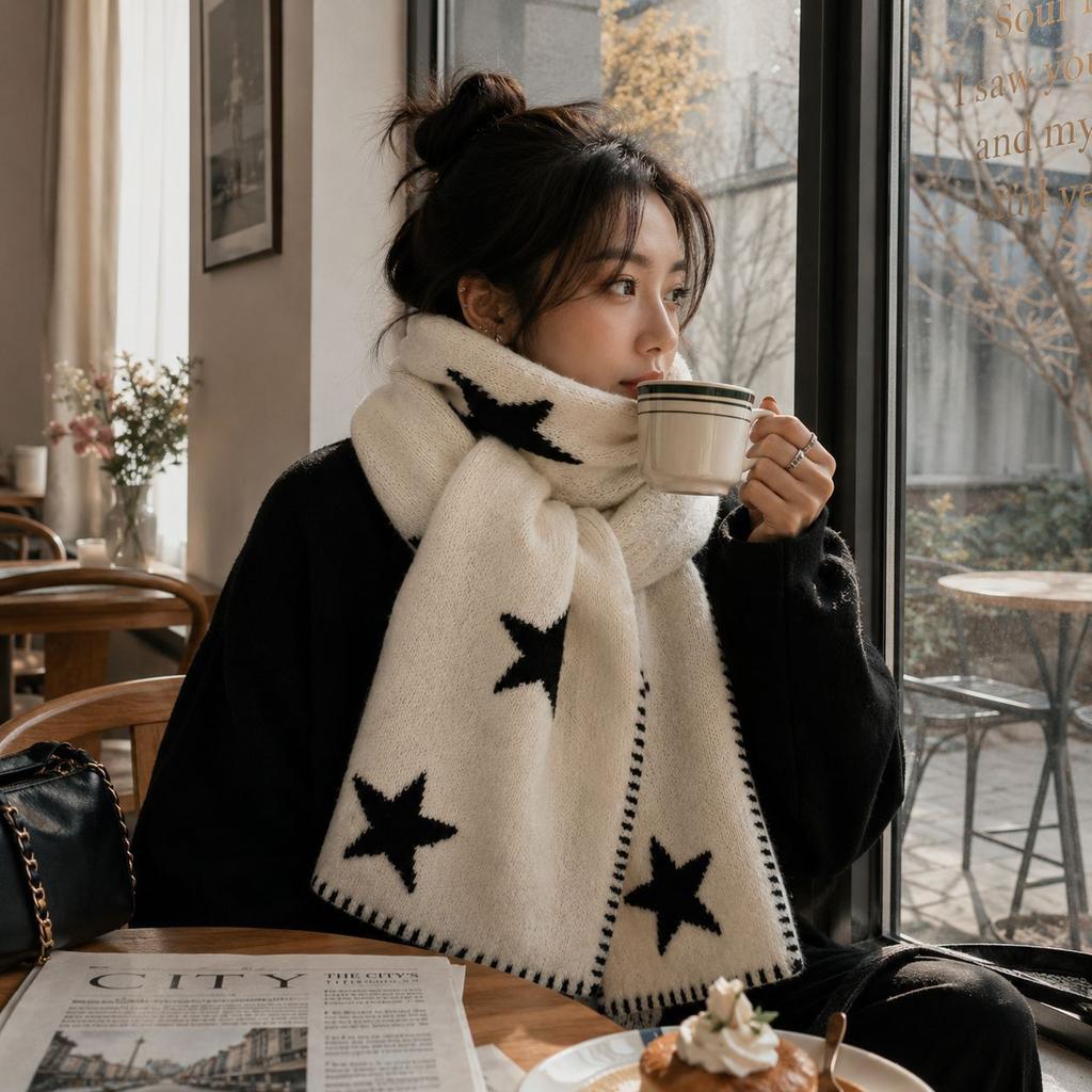 Star scarf women's winter with blended hemming knitted scarf versatile warm 11 scarf hemming