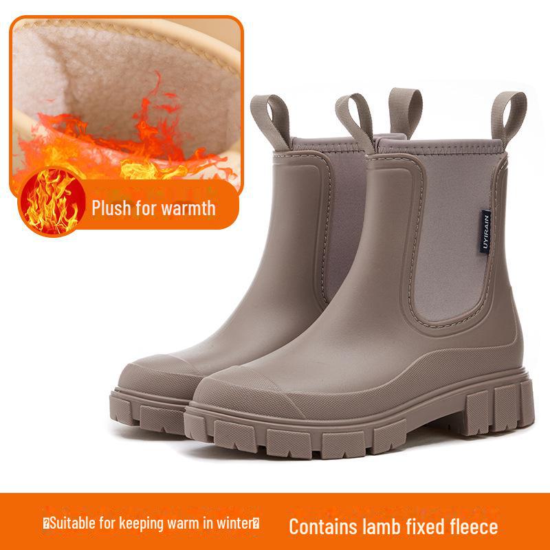 Женские стильные короткие резиновые сапоги 2024 года Водонепроницаемый нескользящий резиновый фиксированный хлопок усиленный дизайн 37 абрикосовый 2980₽