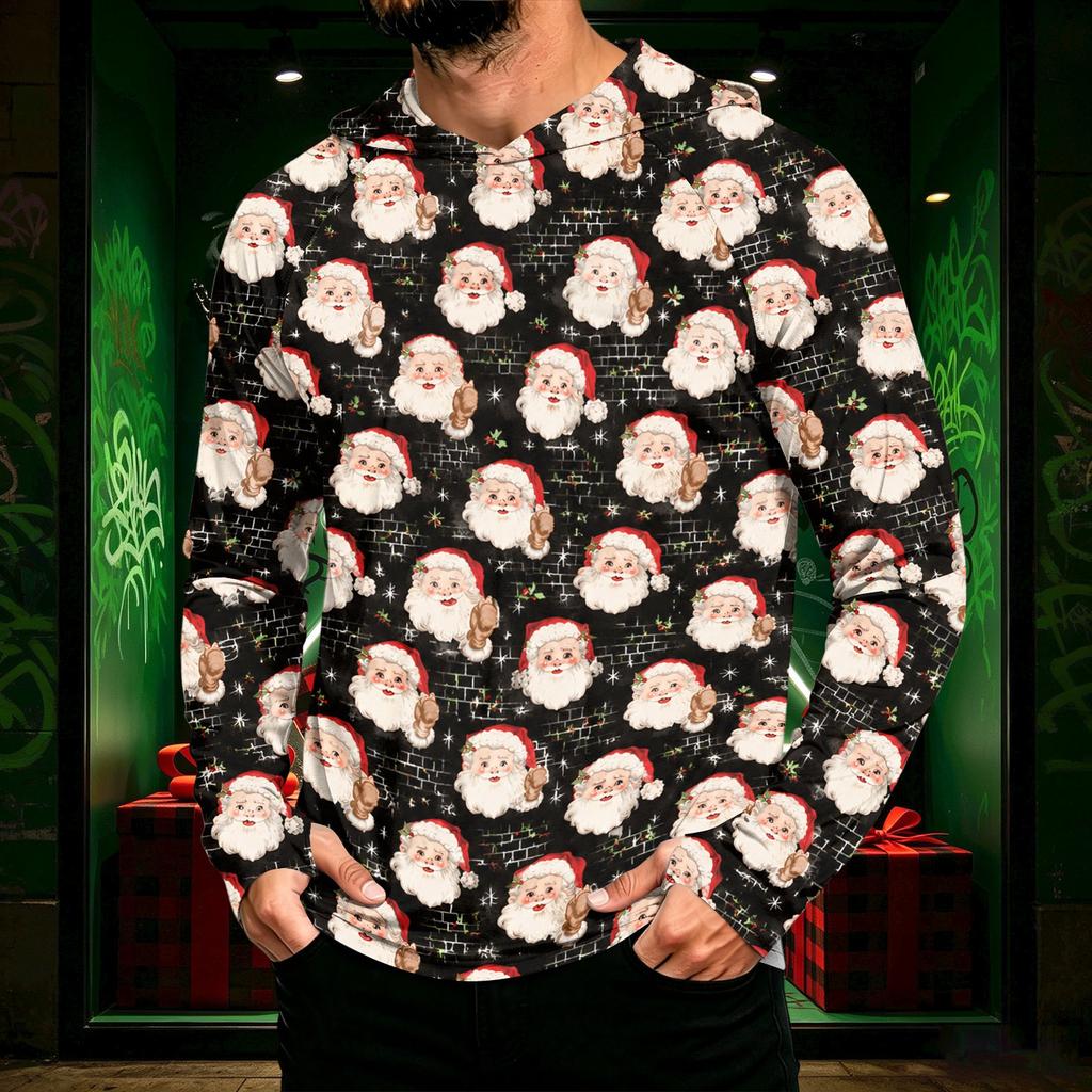 Men's Long Sleeve Hooded Sun Shirt Top with Christmas Print for Outdoor Wear