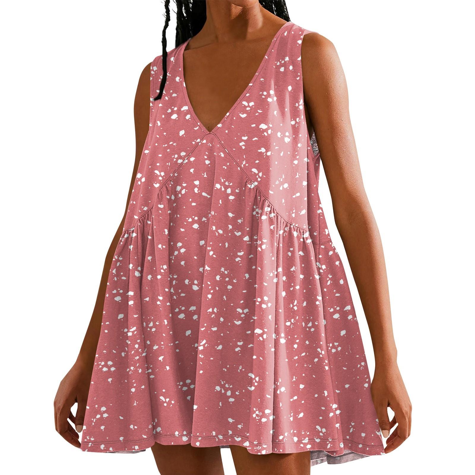 

Женское повседневное пляжное платье без рукавов с принтом в горошек и V-образным вырезом, короткая юбка XL розовый