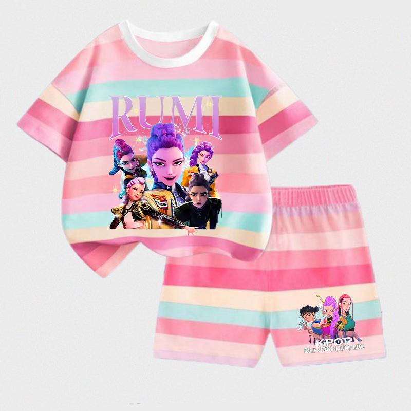 

K-pop Охотники на демонов Детский комплект с коротким рукавом и шортами Модная летняя детская одежда для мальчиков и девочек Хлопковая футболка и штаны Спортивные костюмы 5-6Y