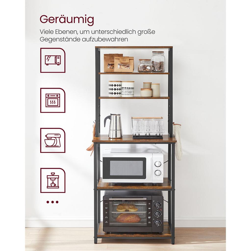 VASAGLE Scaffale da Cucina, Scaffale Autoportante per Cucina, Scaffale per Microonde, Autoportante, 6 Ripiani e 6 Ganci, per Microonde, Struttura in Acciaio, Design Industriale