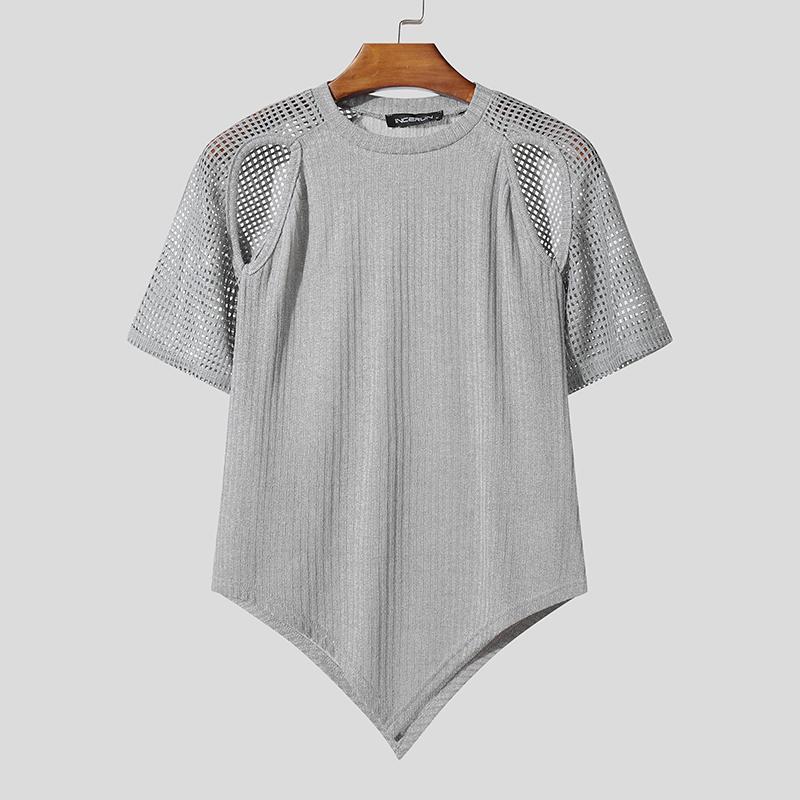 

INCERUN Мужские футболки с круглым вырезом, коротким рукавом, вырезами, лоскутной вставкой, повседневные, приталенные M серый