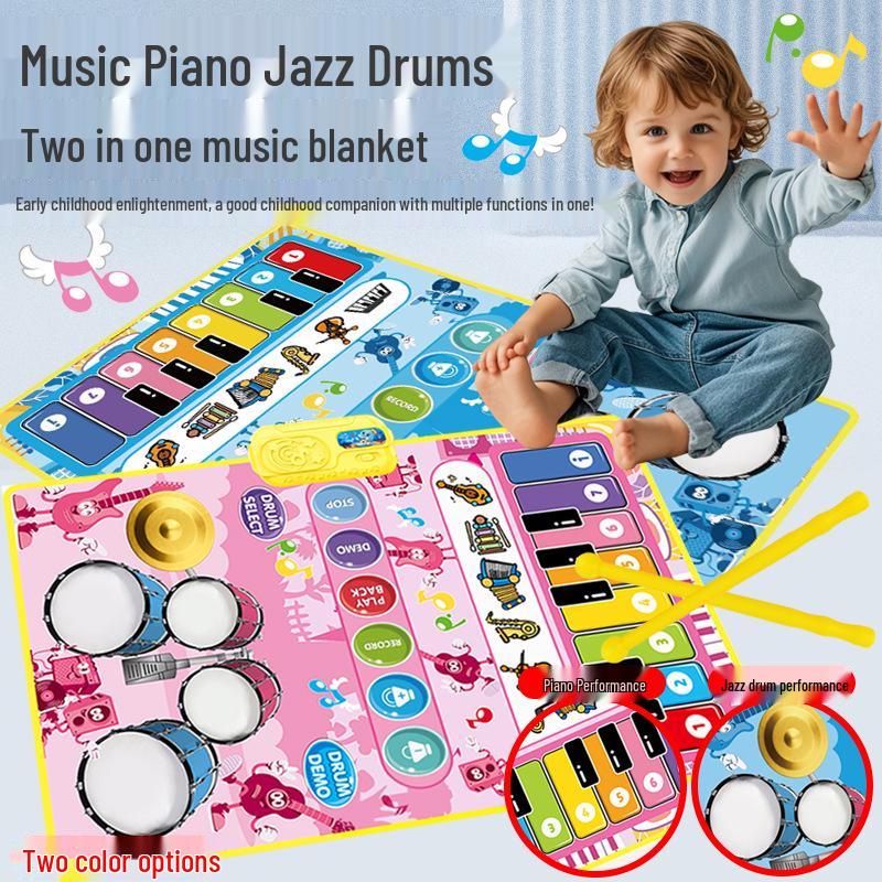 

2-in-1 Kids Jazz Drum & Piano Key Music Mat - Waterproof with Drumsticks синий