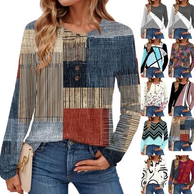 Women's Fashionable Retro Geometric Print Round Neck Long-sleeved Top