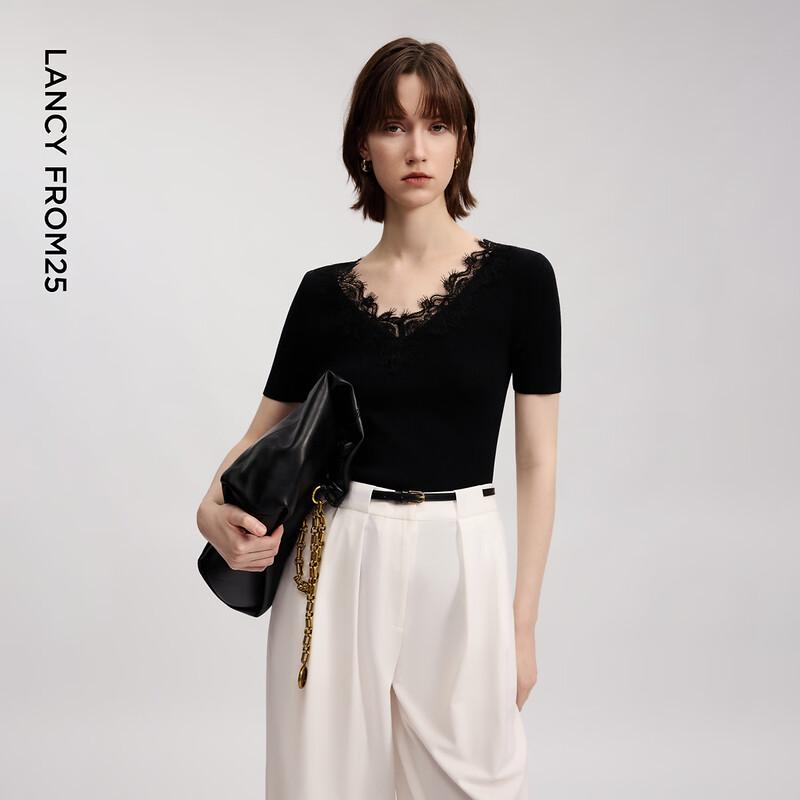 Lancy French Lyocell Lace V-neck Knit Top