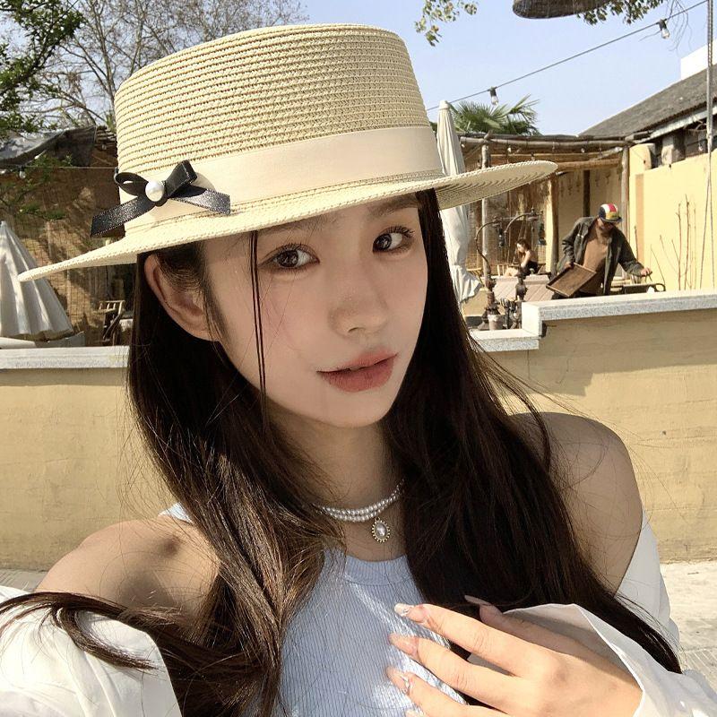 100.00kg Plus Size Women's Big Brim Grass Bows Hand-Woven Seaside Beach Hat Sun-Proof Face Cover Sun-Shade Straw Hat