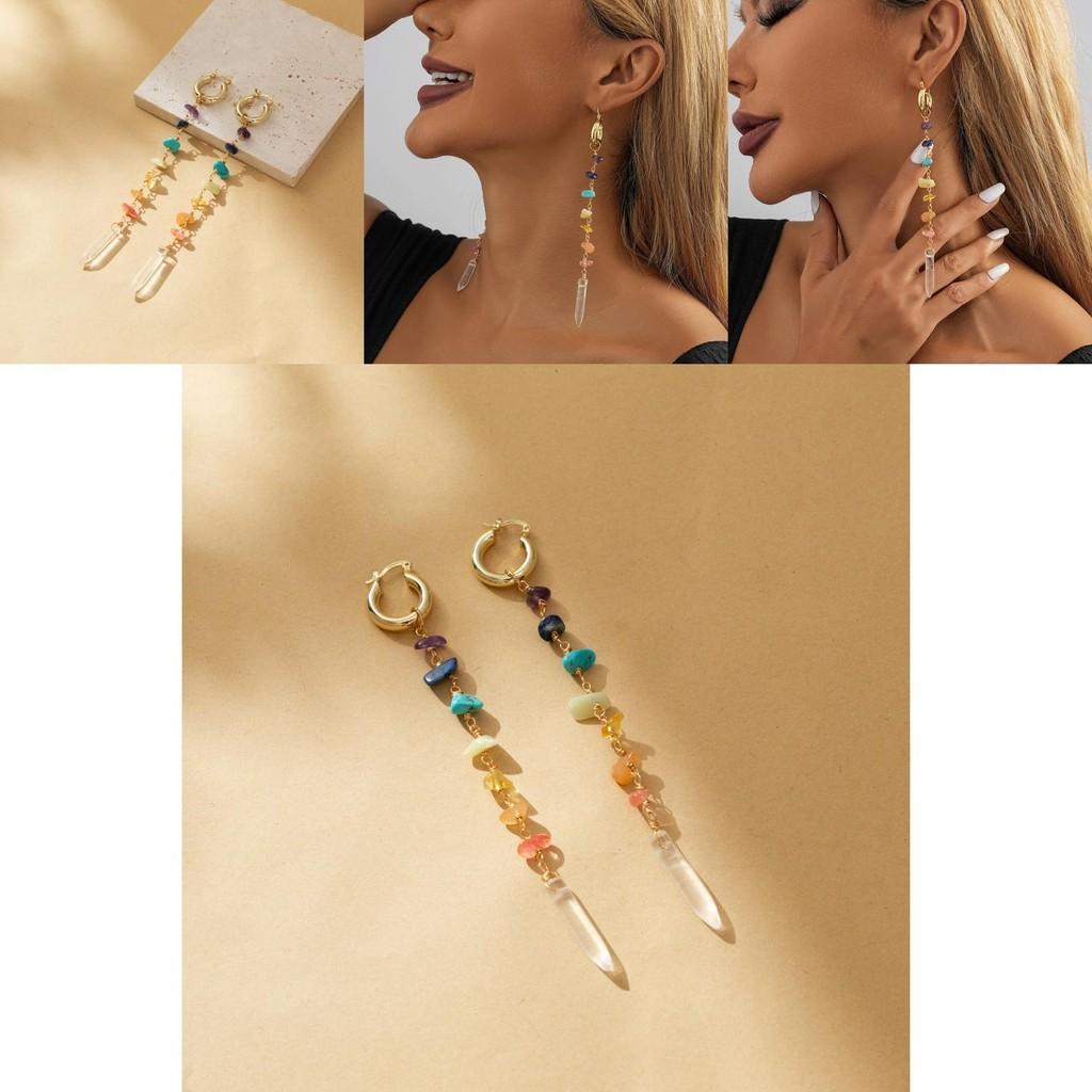 Womens Long Colorful Irregular Natural Stone Earrings Chic Electroplated Geometric