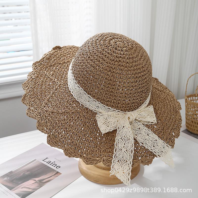 Women's Sun Hats Adjustable Straw Hat With Lace Bow Sun Protection Wide Brim Summer Elegance Beach Accessories 2025 Fashion New