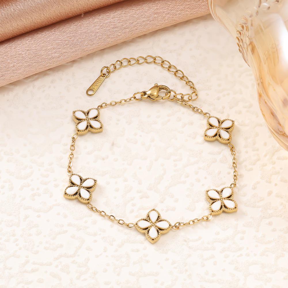 Colorful Four-Leaf Clover Titanium Steel Jewelry Set: Bracelet, Necklace & Stud Earrings