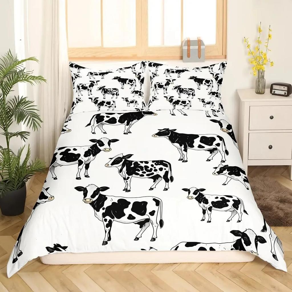 Milk Cow Pattern Bedding Set King Queen Animals Theme Comforter Cover Chocolate Brown Duvet Cover Cute Kawaii Cattle Quilt Cover