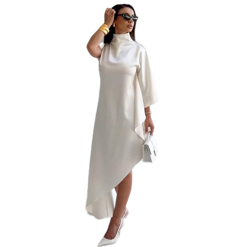 2025 Fall Women's Solid Color Semi-High Neck Asymmetric Hem Loose Bodycon Dress
