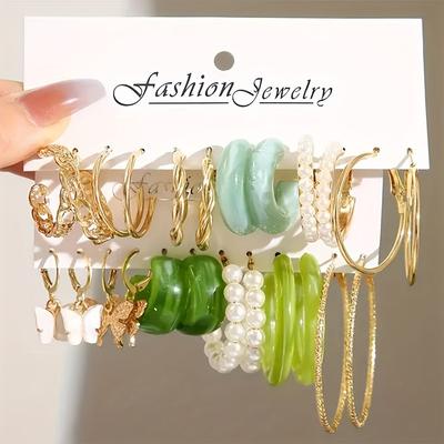 Bohemian Acrylic Butterfly Resin C-shaped Earrings Fashion Imitation Zircon Hoop Earrings Set Women's Summer Beach Zircon