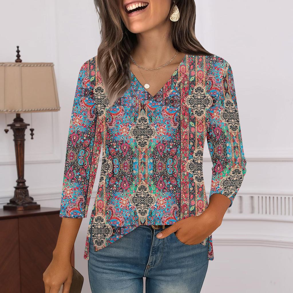 3/4 Sleeve Shirts For Women  Print Graphic Tees Blouses Casual Plus Size Basic Tops Pullover