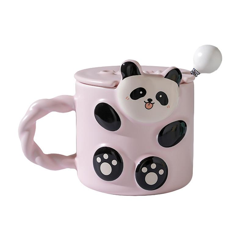Caneca Panda Cerâmica Relevo Fofa Com Tampa Colher Animal de Desenho Animado Tridimensional Copo de Água Doméstico Lembrancinha Pequena e Fresca