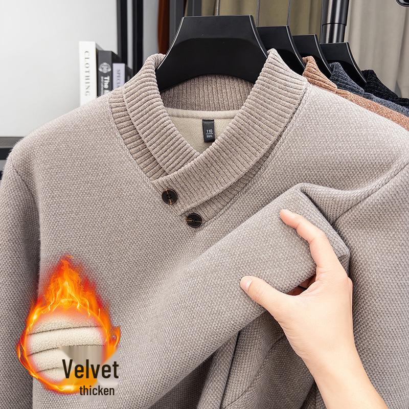 Men's Korean Style Knit Sweater with Velvet Lining - Autumn/Winter Warmth