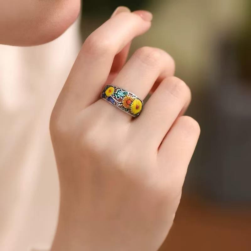 Cloisonne enamel sunflower open ring, retro ethnic style