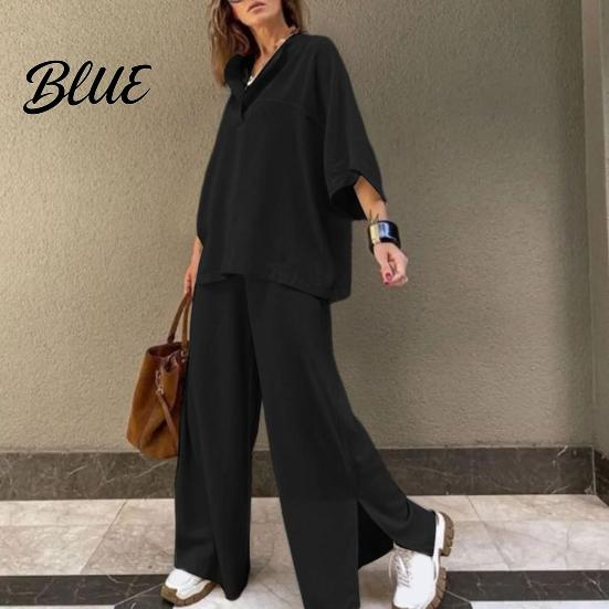 Comfortable Polyester Outfit Women's Two-Piece Oversized 3/4 Sleeve Pullover Top And Autumn Fashion Set Wide Leg Pants Fall Casual Loose Lounge
