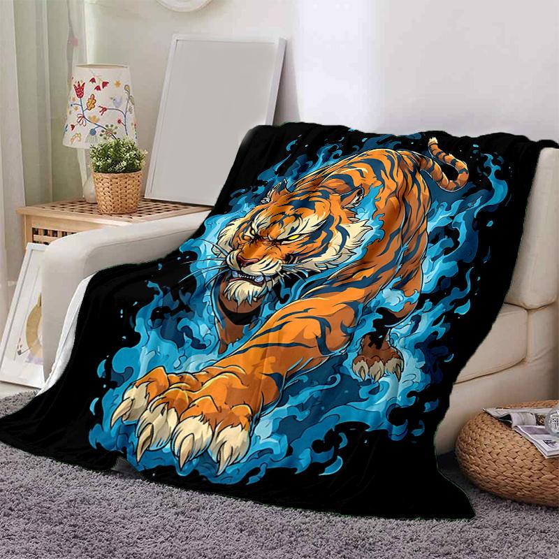 1pc Blue Flame Majesty Lion Blanket Cartoon Throw for Home Decor, Gift Idea, All Seasons Use .K011