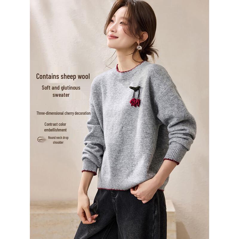 Women s Soft Wool Blend Cherry Detail Drop Shoulder Sweater One Size