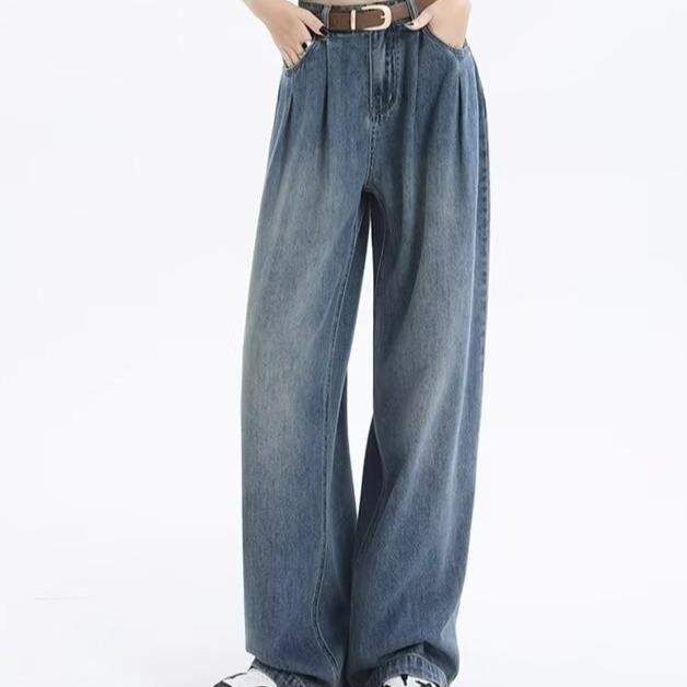 Korean Style High Waist Wide Leg Jeans - Women's Retro Pleated Loose Straight-Leg Pants for Spring & Autumn