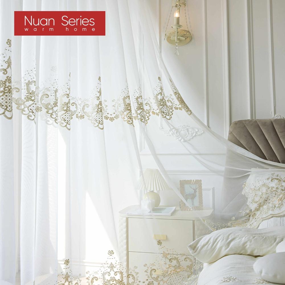 1PC Nuan Series French Style Gold Thread Embroidered Sheer Curtain Romantic Style Luxury Tulle for Living Room Bedroom Balcony Window Home Decor