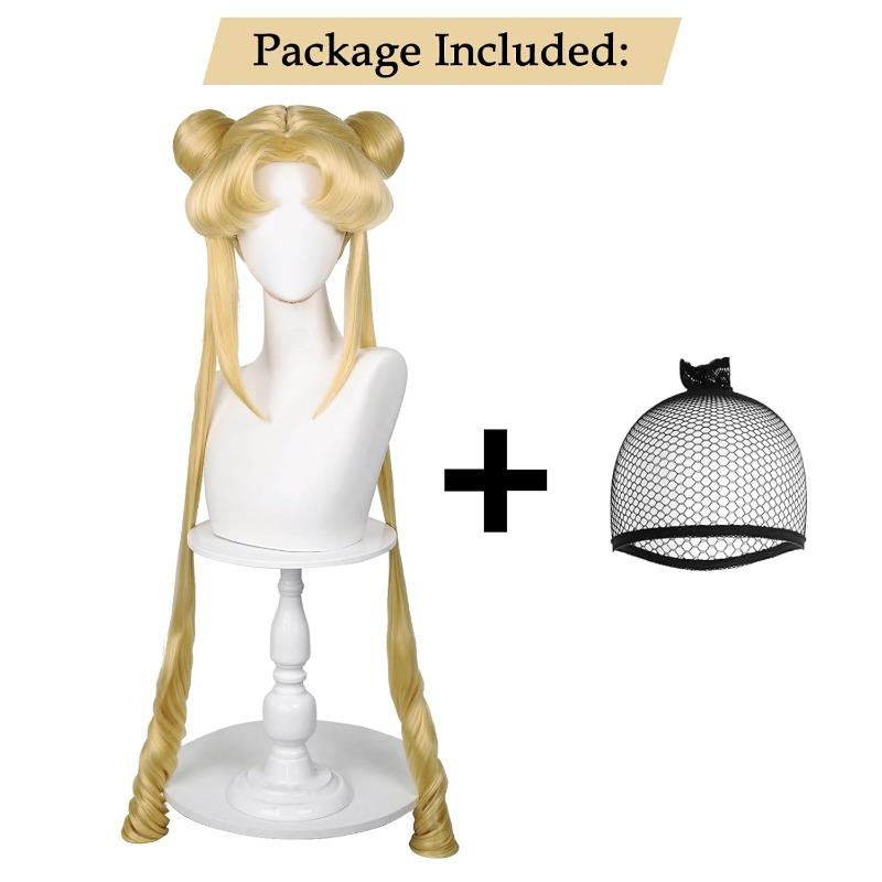Sailor Moon Tsukino Usagi Long Curly Blonde Ponytails Wig with 2 Pongtails with Wig Cap for Halloween Costume Party
