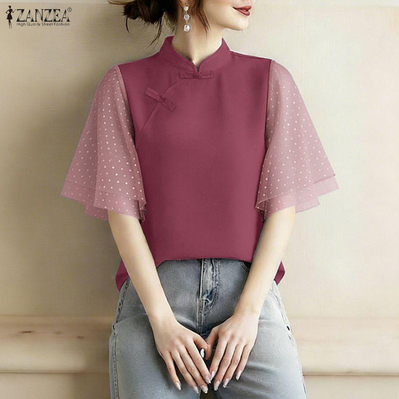 ZANZEA Women Casual Stand Collar Mesh Splice Half Sleeve Blouse