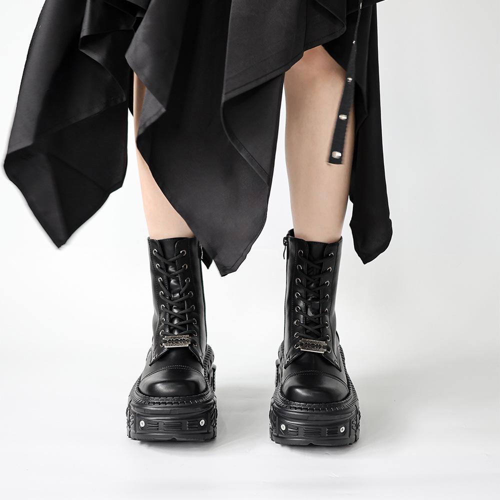 Dark Punk Lace-up Platform Martin Boots - Women's Mid-calf, Thick-soled, Height-increasing for Autumn/Winter 