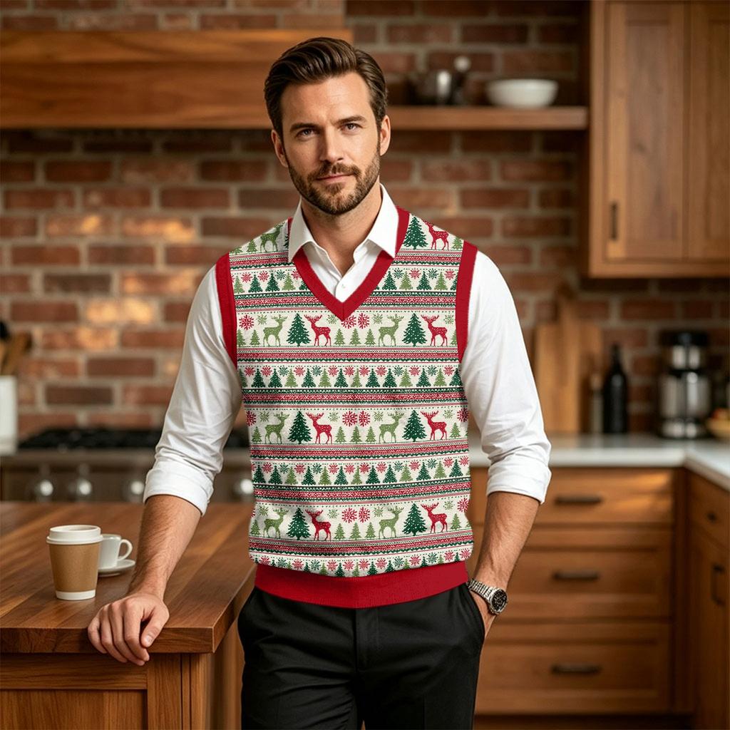Men's V-Neck Sleeveless Knit Vest Casual Wool with Christmas Print for Commuting