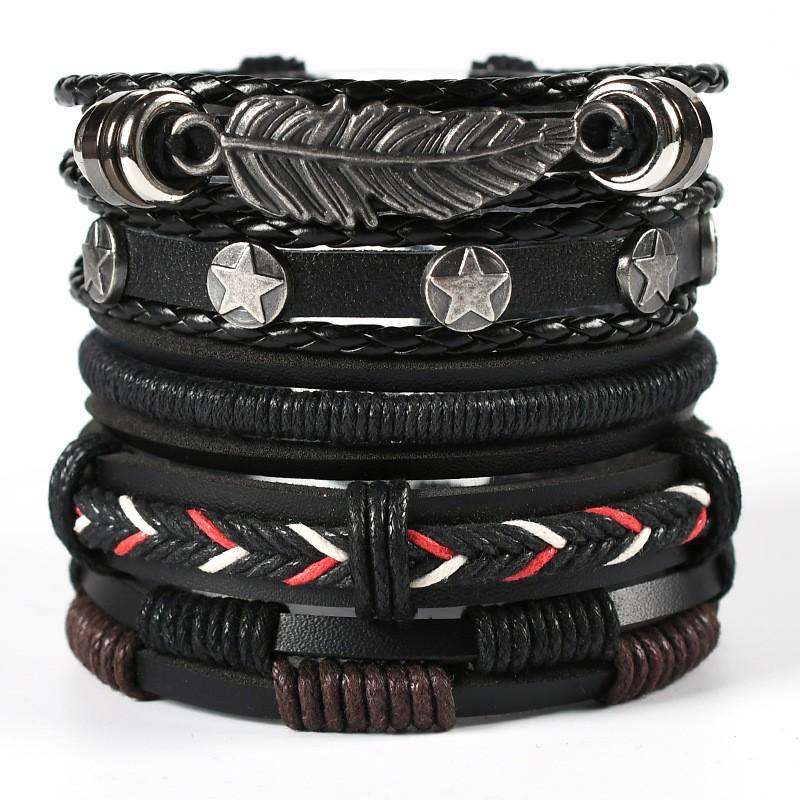 Men's Braided Leather Skull Bracelet Set with Multi-Layered Genuine Leather Bangle