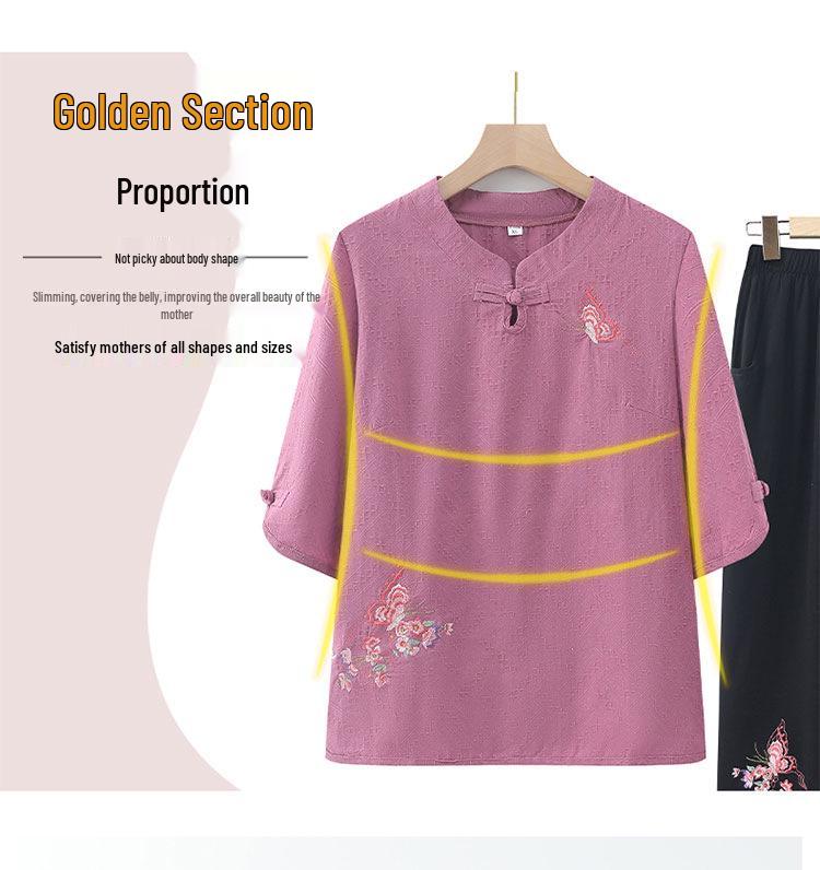 Grandma's Fashionable Cotton Linen Tang Suit Mid-Sleeve T-shirt for Elderly Women
